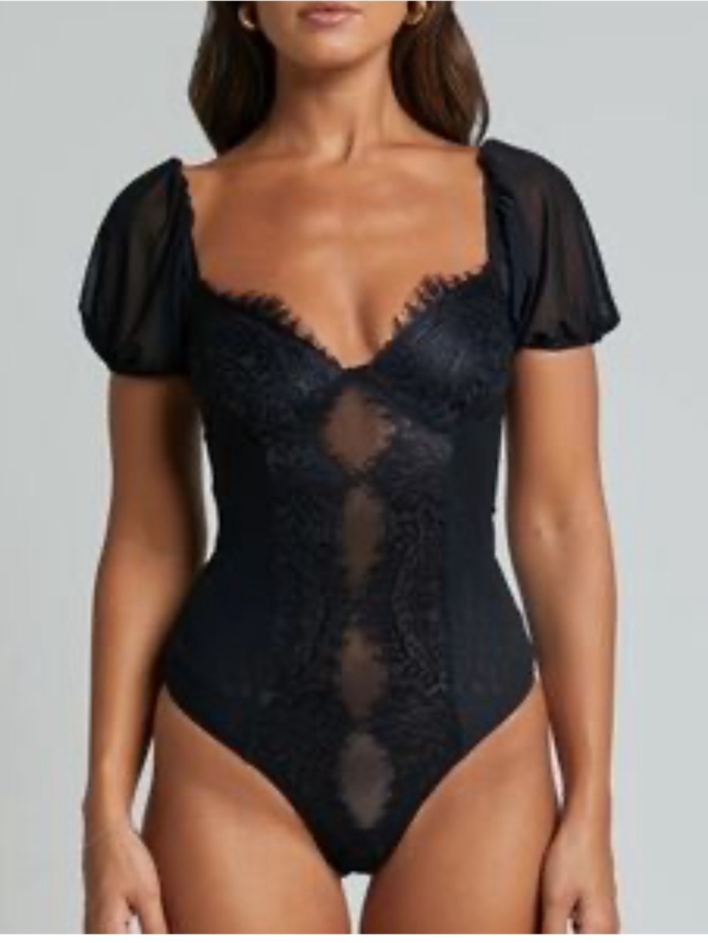Showpo Black Lace Puff Sleeve Bodysuit